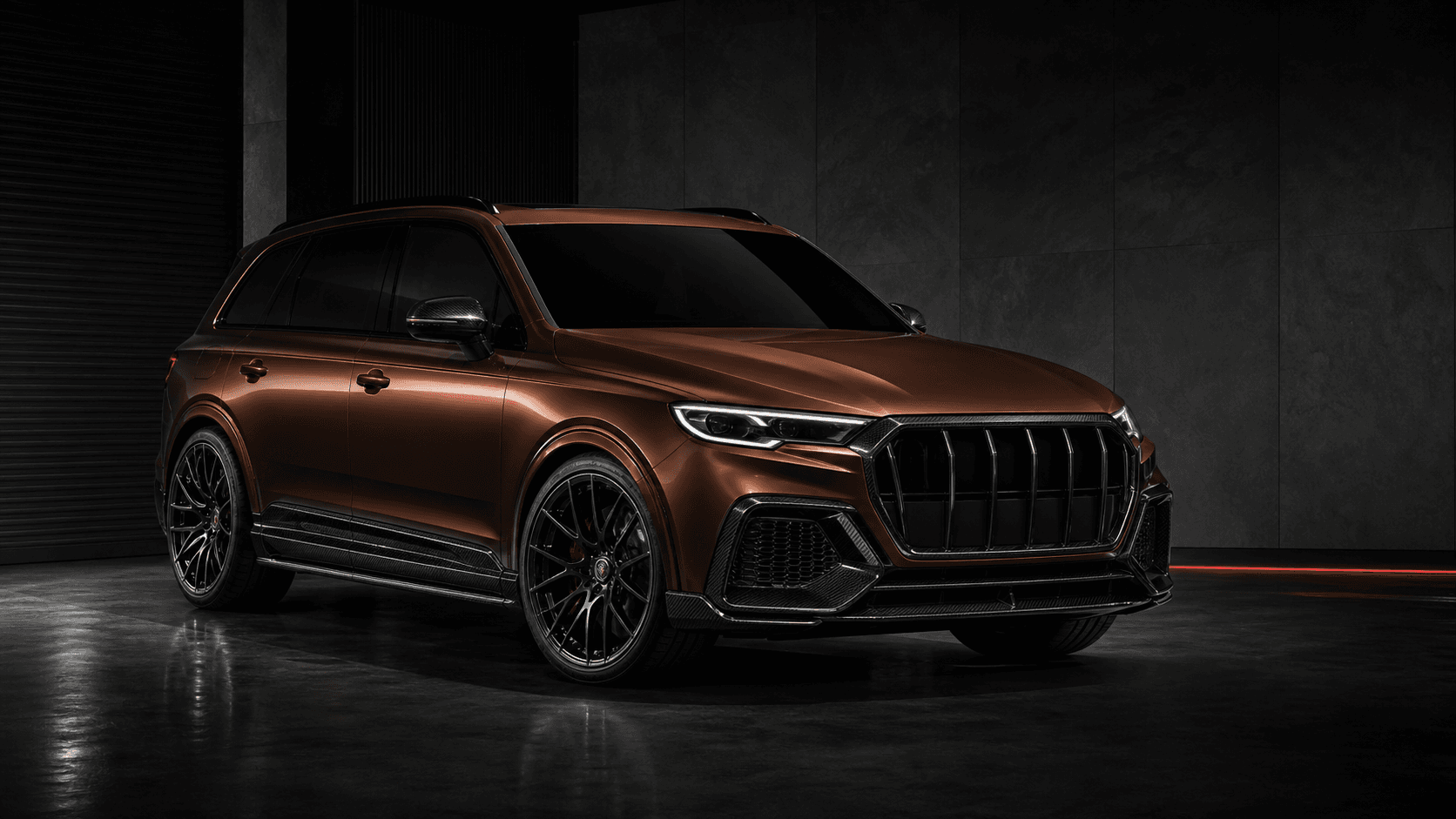 Copper-bronze luxury performance SUV with black carbon details in a dark studio